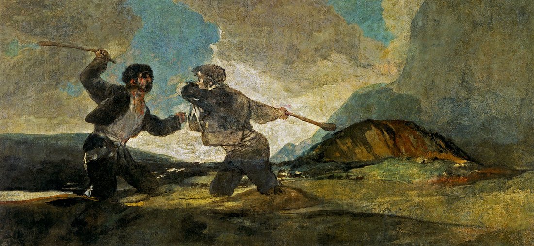 Francisco de Goya, « Duel au gourdin » ou « La Rixe », huile sur plâtre transférée à la toile, 123 × 266 cm, musée du Prado, Madrid