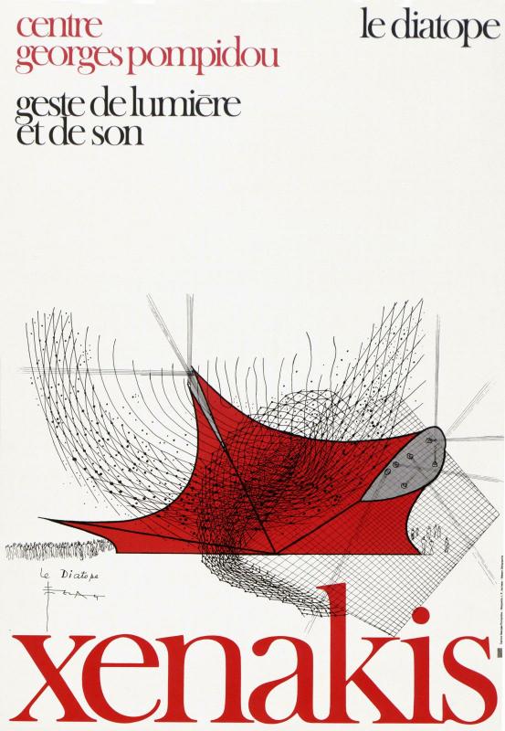 Affiche pour le Diatope, dessin préparatoire de Iannis Xenakis (1977) © Centre Pompidou, 1978  Conception graphique Jean-Pierre Jauneau