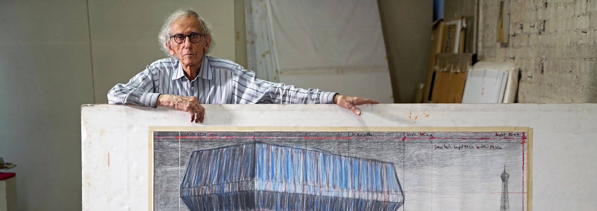 Christo, dessin préparatoire Arc de triomphe, atelier New York, 2019 © Photo Wolfgang Volz