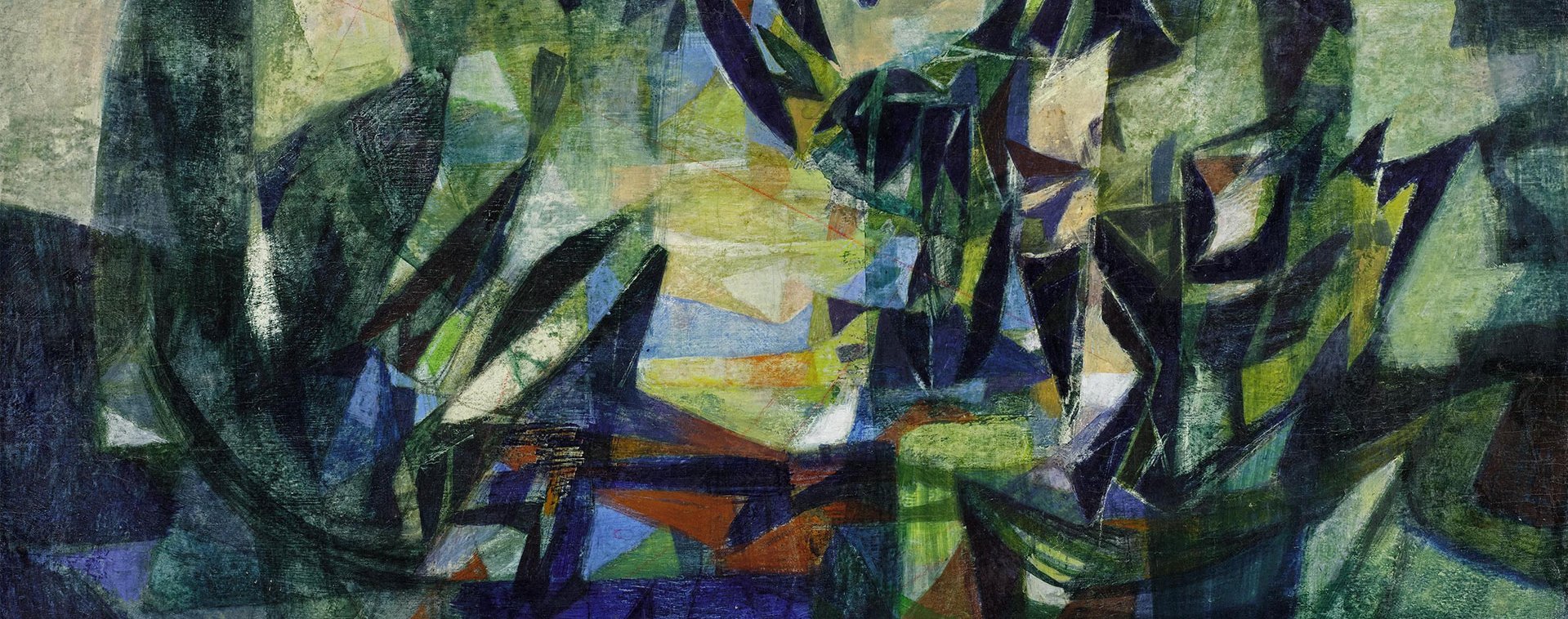 Dans cette œuvre intitulée « Composition » réalisée en 1939, Fédor Löwenstein déploie un langage plastique vibrant, mêlant abstraction géométrique et expressivité émotionnelle. La toile est structurée par une série de formes anguleuses, superposées et éclatées, qui évoquent des éléments végétaux stylisés – peut-être des feuillages ou des arbres – baignant dans une lumière centrale diffuse. Les couleurs dominantes sont le vert émeraude, le bleu profond, le violet, avec des éclats de jaune pâle et d’orange qui dynamisent l’ensemble. Une sensation de mouvement se dégage de cette composition complexe, comme si le paysage se reconfigurait sans cesse sous l’effet d’une lumière intérieure. À travers cette abstraction maîtrisée, Löwenstein exprime à la fois un ordre structuré et une tension chaotique, reflet probable du climat instable de la fin des années 1930. Spoliée par les nazis durant la Seconde Guerre mondiale, cette œuvre a été restituée en septembre 2025 aux ayants droit de l’artiste, venant réparer une injustice historique et culturelle.