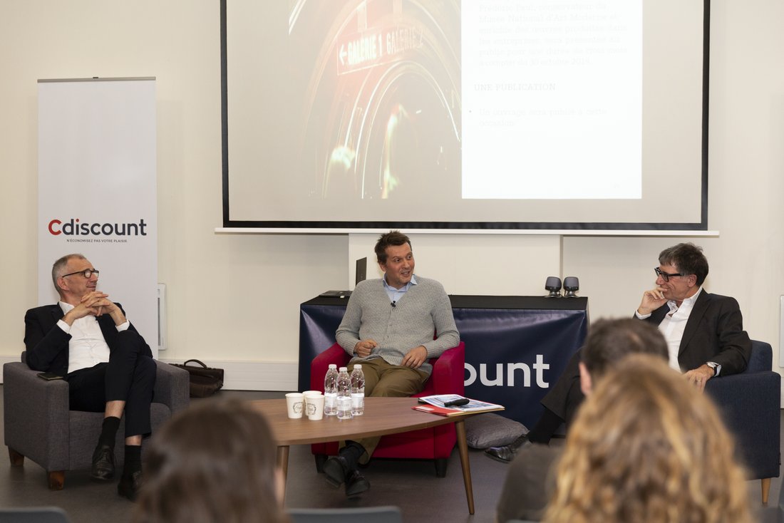 Conference at Cdiscount with the artist Lionel Estève, the President of Cdiscount Emmanuel Grenier, and the President of the Centre Pompidou Serge Lasvignes