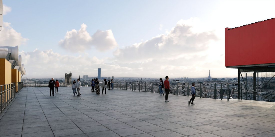 Centre Pompidou 2030 : maquette architecturale : vue du toit terrasse, niveau 7