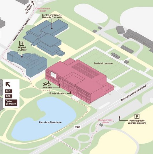 Centre Pompidou Francilien, Massy: Access map showing public transport, pedestrian and cycling routes
