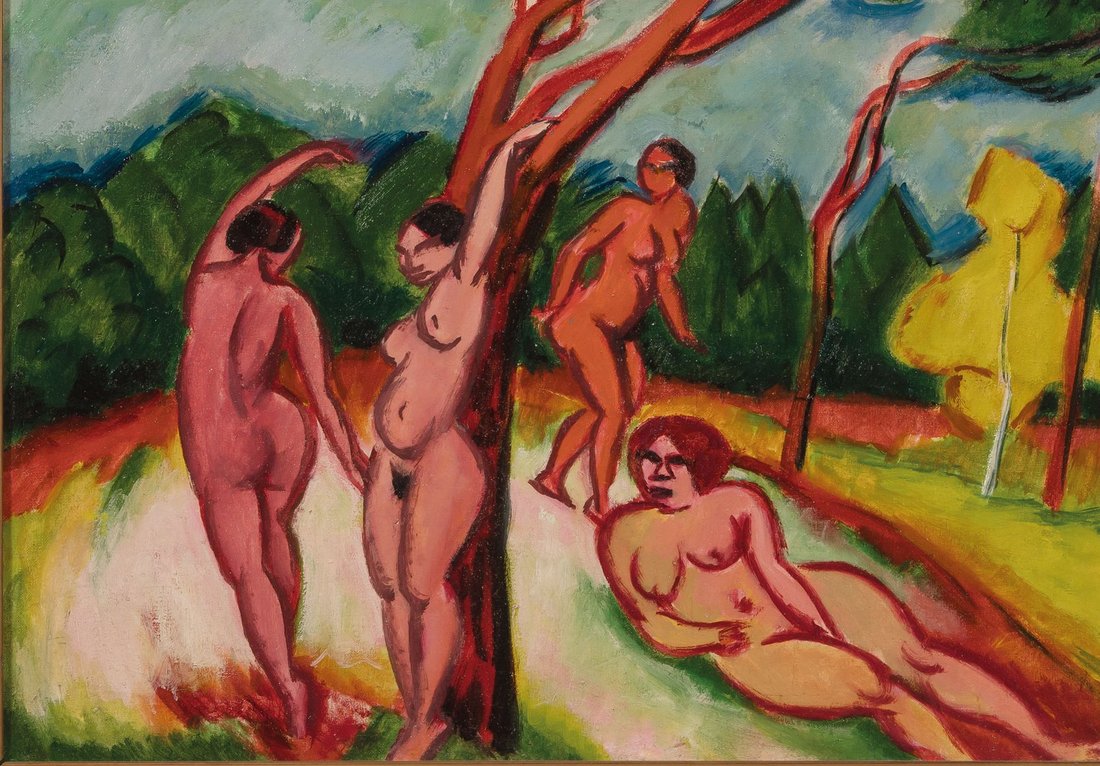 Vier Akte in Landschaft, Nus dans un paysage, ou Paysage, huile sur toile, 1912, 71x80 cm.