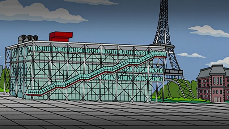 Dans « Mari et larmes », la fusée lunaire s’écrase sur le Centre Pompidou, dans une bande dessinée fictive que lit Lisa Simpson. 