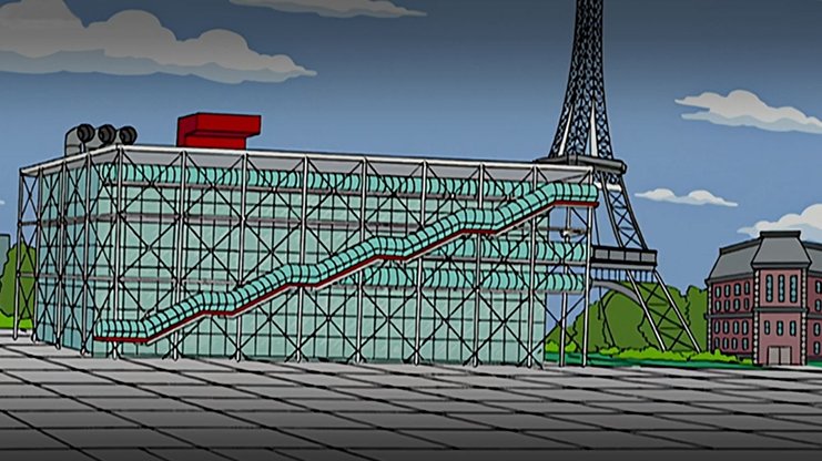 Dans « Mari et larmes », la fusée lunaire s’écrase sur le Centre Pompidou, dans une bande dessinée fictive que lit Lisa Simpson. 