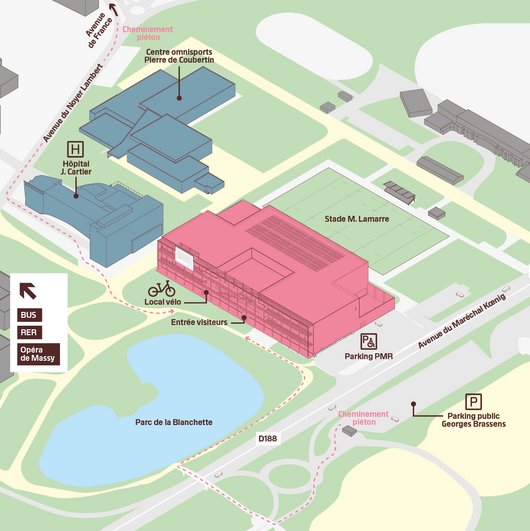 Centre Pompidou Francilien, Massy: Plan d'accès à pieds, en transports en commun, en voiture, à vélo