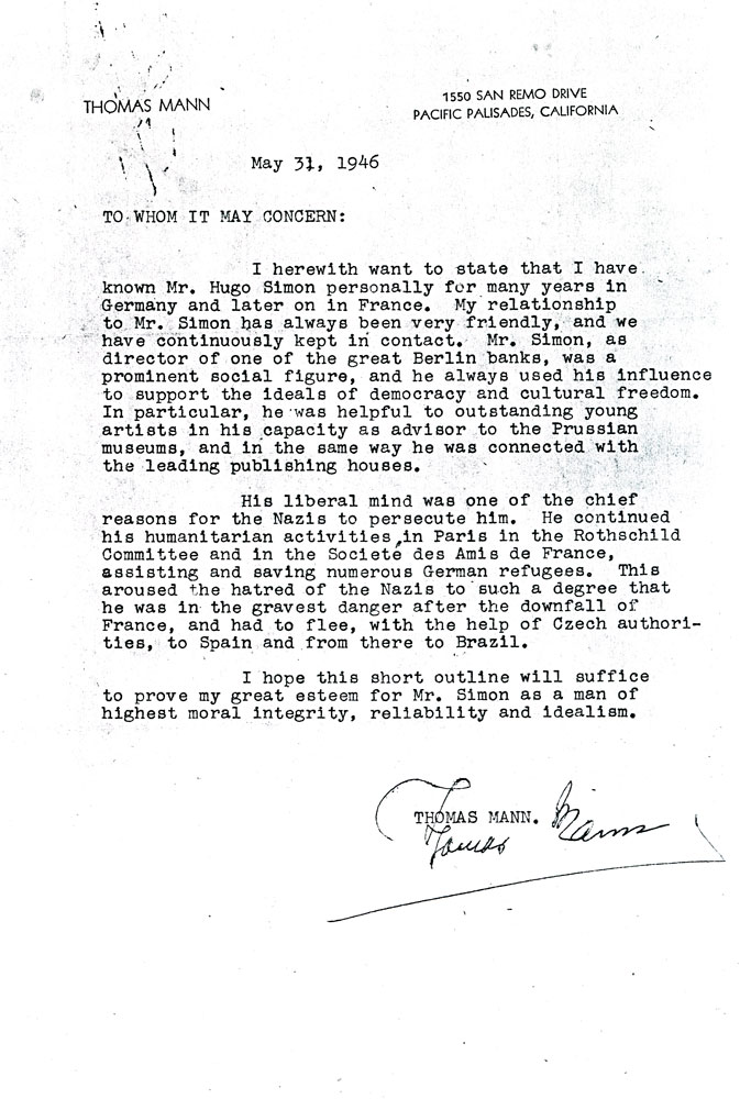 Attestation de l'identité d'Hugo Simon par Thomas Mann Pacific Palisades (USA), 31 mai 1946  Archives de famille © Droits réservés