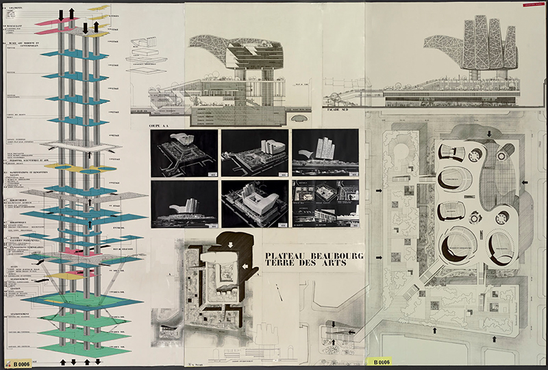 Plan du projet n° 6 présenté au concours international par André Bergerioux pour la réalisation du Centre Beaubourg, 1971.  © Archives du Centre Pompidou. Photo © Alain-Marie Markarian 