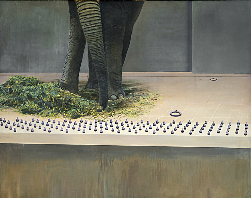 Eléphants et clous, 1970   Huile sur toile, 195 x 250 cm   Collection particulière   © Adagp, Paris, 2023   Photo Fabrice Gousset, courtesy Loevenbruck, Paris