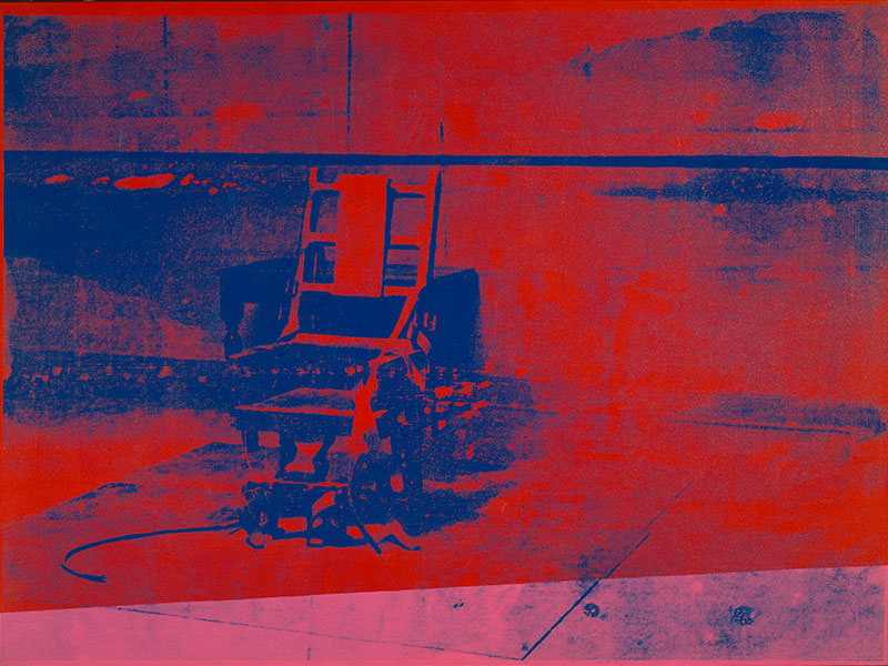 This striking artwork by Andy Warhol features an empty electric chair placed in the center of a stark, vacant room. Intense shades of blood-red, deep blue, and hints of pink generate a visual clash that intensifies the emotional tension. The room feels still and ghostly, with Pop Art aesthetics highlighting the grim subject matter. Warhol invites reflection on capital punishment, collective memory, and the media’s role in sensationalizing death. The chair, though unoccupied, echoes with the presence of past executions.
