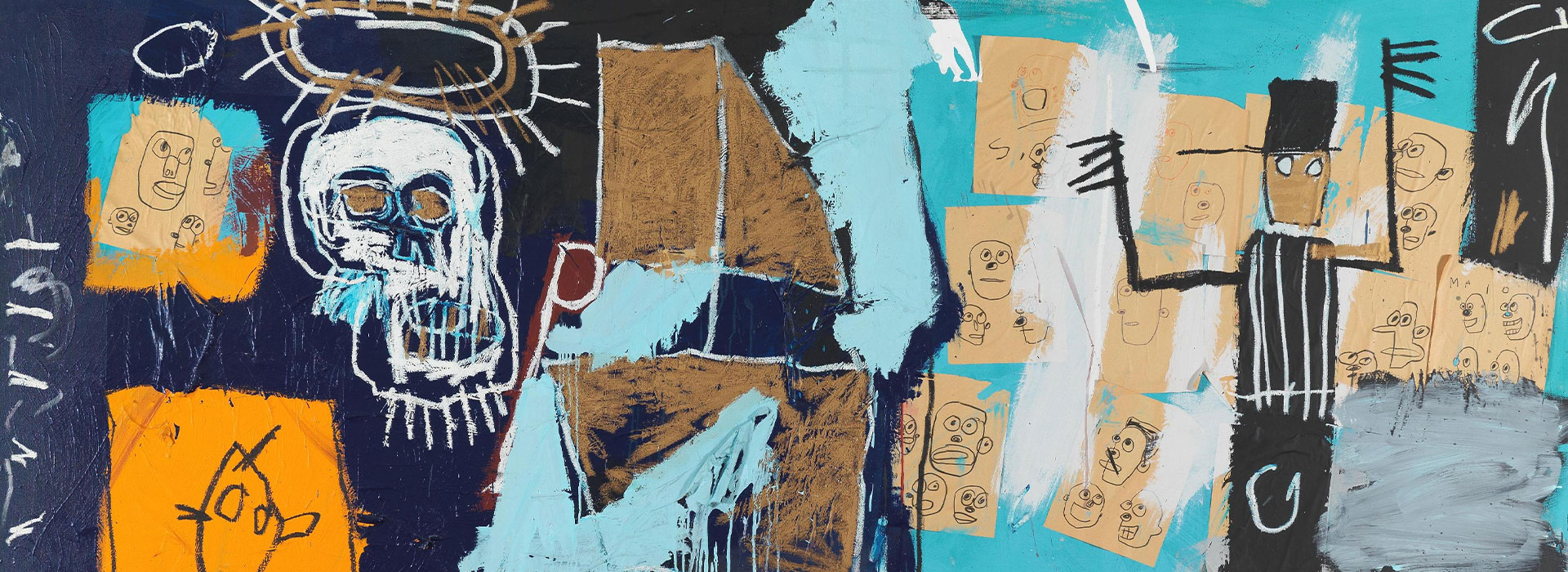 [Translate to English:] This powerful work by Jean-Michel Basquiat delves into themes of slavery, Black identity, and human commodification. On a dark, chaotic background accented with bright orange, electric blue, and white, a haloed skull, a striped figure, and a series of cartoonish faces emerge. The raw brushstrokes, drips, scribbles, and collages create a sense of controlled chaos, echoing the violent and fragmented history of African Americans. The painting evokes urgency, tension, and resistance, blending street art energy with symbolic and socio-political critique.