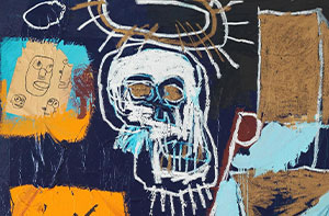 [Translate to English:] This powerful work by Jean-Michel Basquiat delves into themes of slavery, Black identity, and human commodification. On a dark, chaotic background accented with bright orange, electric blue, and white, a haloed skull, a striped figure, and a series of cartoonish faces emerge. The raw brushstrokes, drips, scribbles, and collages create a sense of controlled chaos, echoing the violent and fragmented history of African Americans. The painting evokes urgency, tension, and resistance, blending street art energy with symbolic and socio-political critique.
