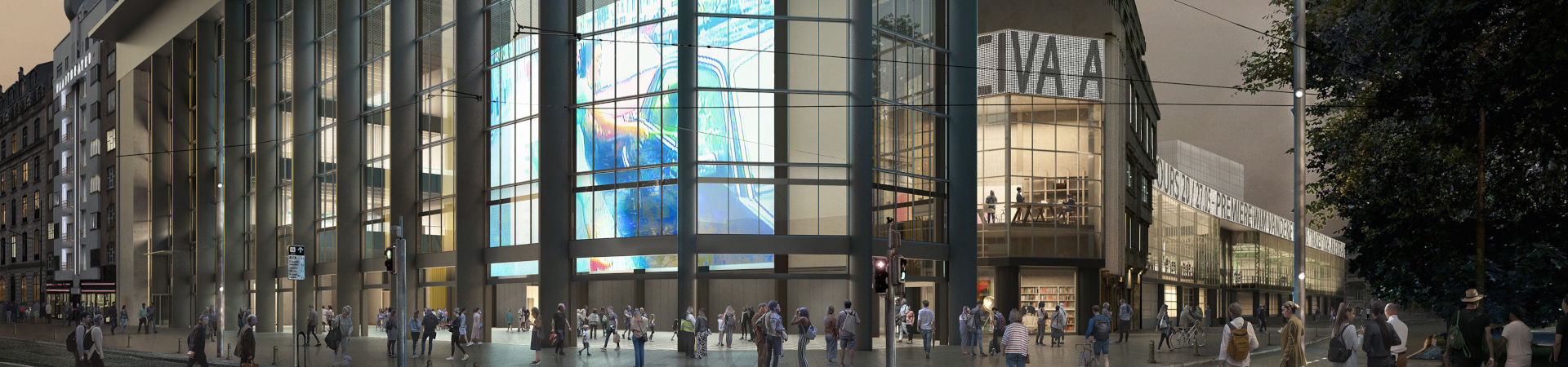 Kanal–Centre Pompidou, Bruxelles : détail de la façade de nuit