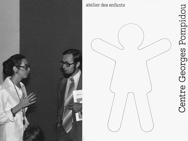 Deux images en noir et blanc. À gauche, photographie de Danièle Giraudy discutant avec Claude Mollard. À droite, affiche de l’Atelier des enfants du Centre Georges Pompidou conçue par Jean Widmer, représentant une silhouette enfantine stylisée aux bras levés.