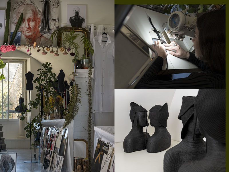 Ce triptyque photographique révèle différents aspects de l’univers artistique de Jeanne Vicérial entre espace de création, geste artisanal et œuvres textiles sculpturales. À gauche, l’atelier apparaît comme un lieu vivant et inspirant, mêlant végétation, mannequins de couture, dessins, échantillons textiles et objets personnels dans une atmosphère intime et organique. En haut à droite, l’artiste est photographiée au travail sur une machine à coudre, concentrée sur un geste précis qui souligne la dimension artisanale et expérimentale de sa pratique. En bas à droite, plusieurs sculptures textiles noires aux formes organiques et architecturales mettent en avant la richesse des matières tressées et la recherche volumétrique. L’ensemble compose un portrait sensible du processus créatif, où mode, sculpture et innovation textile dialoguent dans une esthétique contemporaine et poétique.
