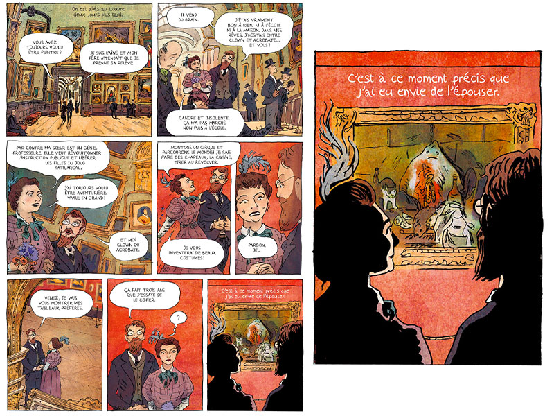 Planche de BD montrant Matisse et Amélie Parayre au Louvre. Au fil de leur visite, ils évoquent peinture, liberté et aventure, avant de contempler ensemble un tableau qui marque un moment décisif de leur histoire.
