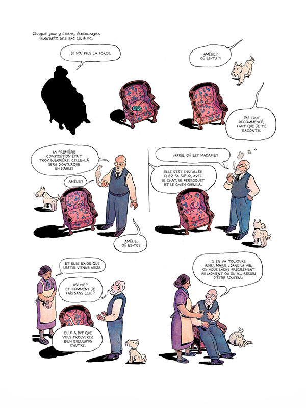 Planche de BD montrant Henri Matisse seul dans son atelier après le départ d'Amélie. Entouré d'un fauteuil vide et de son chat, il cherche sa femme, puis apprend qu'elle l'a quitté. La dernière case le montre soutenu par sa gouvernante, bouleversé.