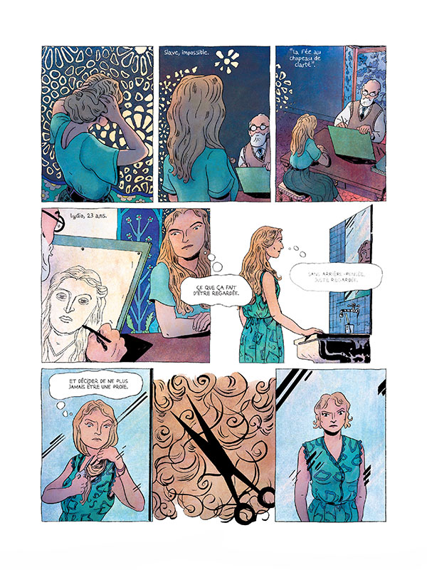 Planche de BD montrant Lydia Delectorskaya posant pour Henri Matisse. En se voyant dessinée, elle décide de couper ses longs cheveux et d'affirmer son indépendance. Les dernières cases la montrent avec une nouvelle coupe courte, face à son reflet.