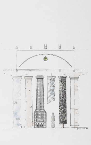 Exhibition "Hans Hollein. transFORMS": poster: Sketch of the famous colonnaded façade for Strada Novissima project