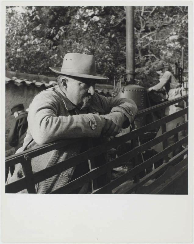 Un homme appuyé sur une clôture, la main sur la balustrade photo