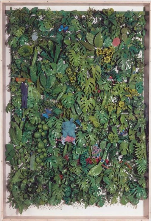 Öyvind Fahlström, « Green Power », 1969 230 × 155,5 × 16 cm, peinture acrylique sur éléments en matière plastique, huile sur photo et peinture sur Plexiglas découpé, fixés sur filet de coton tendu sur armature en bois © Centre Pompidou / Dist. Rmn-Gp